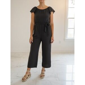 DKNY Womens Flutter Sleeve Tie‎ Waist Cropped Wide Leg Jumpsuit Size 8 Black NWT